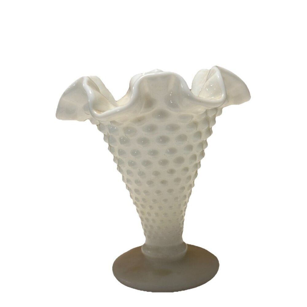 EUC VTG 4" Mini Vase White Milk Glass Hobnail Ruffled Rim Pedestal